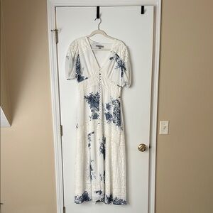 AllSaints White Maxi Dress with Blue Floral Print